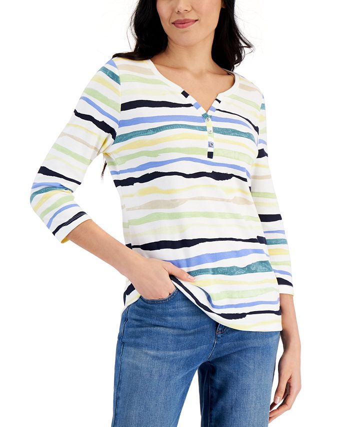 Karen Scott Petite 3/4-Sleeve Striped Henley Top, Created for Macy's -  Macy's