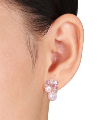Colored Cultured Freshwater Pearl (6 & 8mm) & Multi-Gemstone (2-5/8 ct. t.w.) Cluster Omega Back Earrings in 18k Rose Gold Flash-Plated Sterling Silver