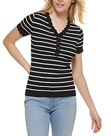 Striped Scalloped Short-Sleeve Sweater