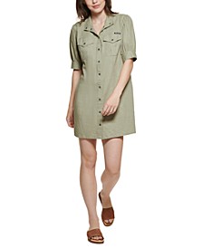 Puff-Sleeve Snap-Front Shirt Dress