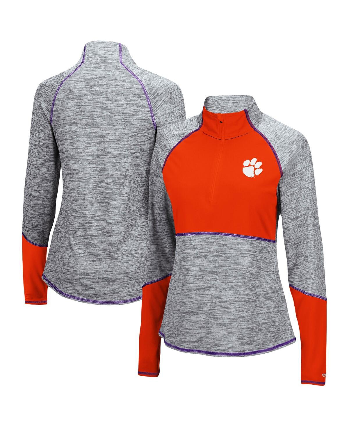 Colosseum Women's  Heathered Gray And Orange Clemson Tigers Color Block Space-dye Raglan Quarter-zip In Heathered Gray,orange