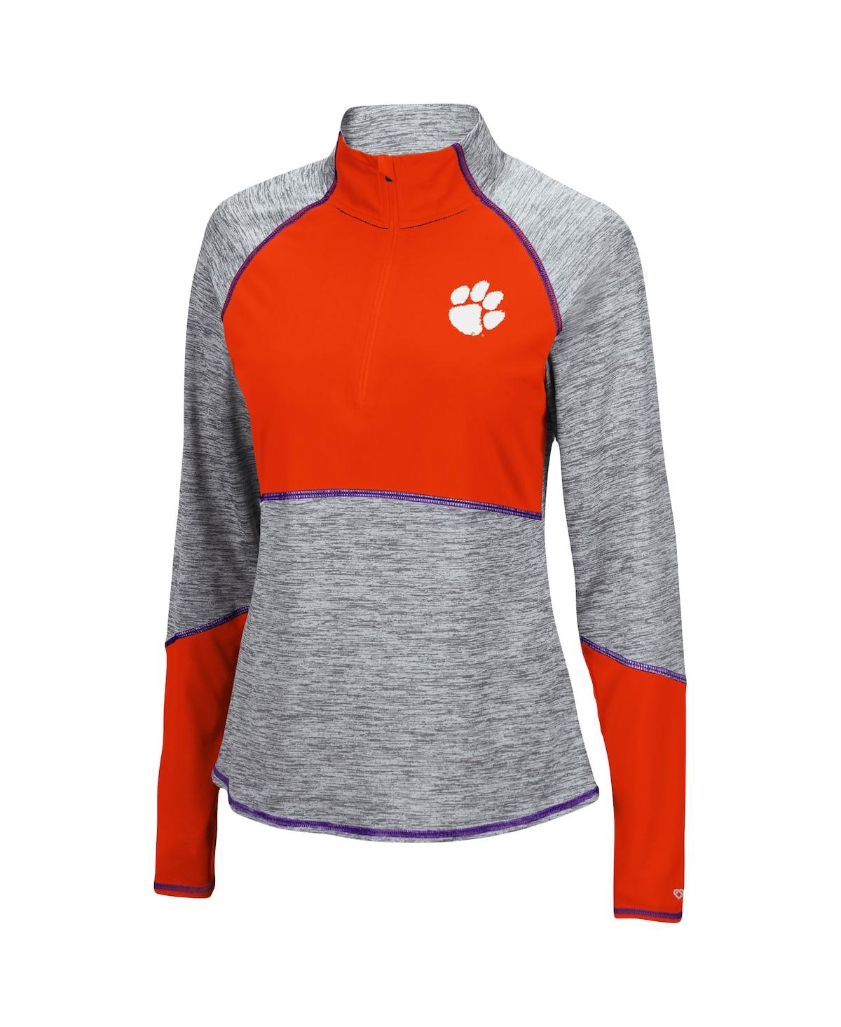 Colosseum Women's  Heathered Gray And Orange Clemson Tigers Color Block Space-dye Raglan Quarter-zip In Heathered Gray,orange
