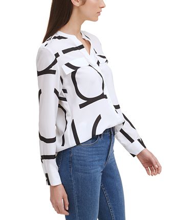 Calvin Klein Long Macy\'s Blouse Sleeve Button Logo Front 
