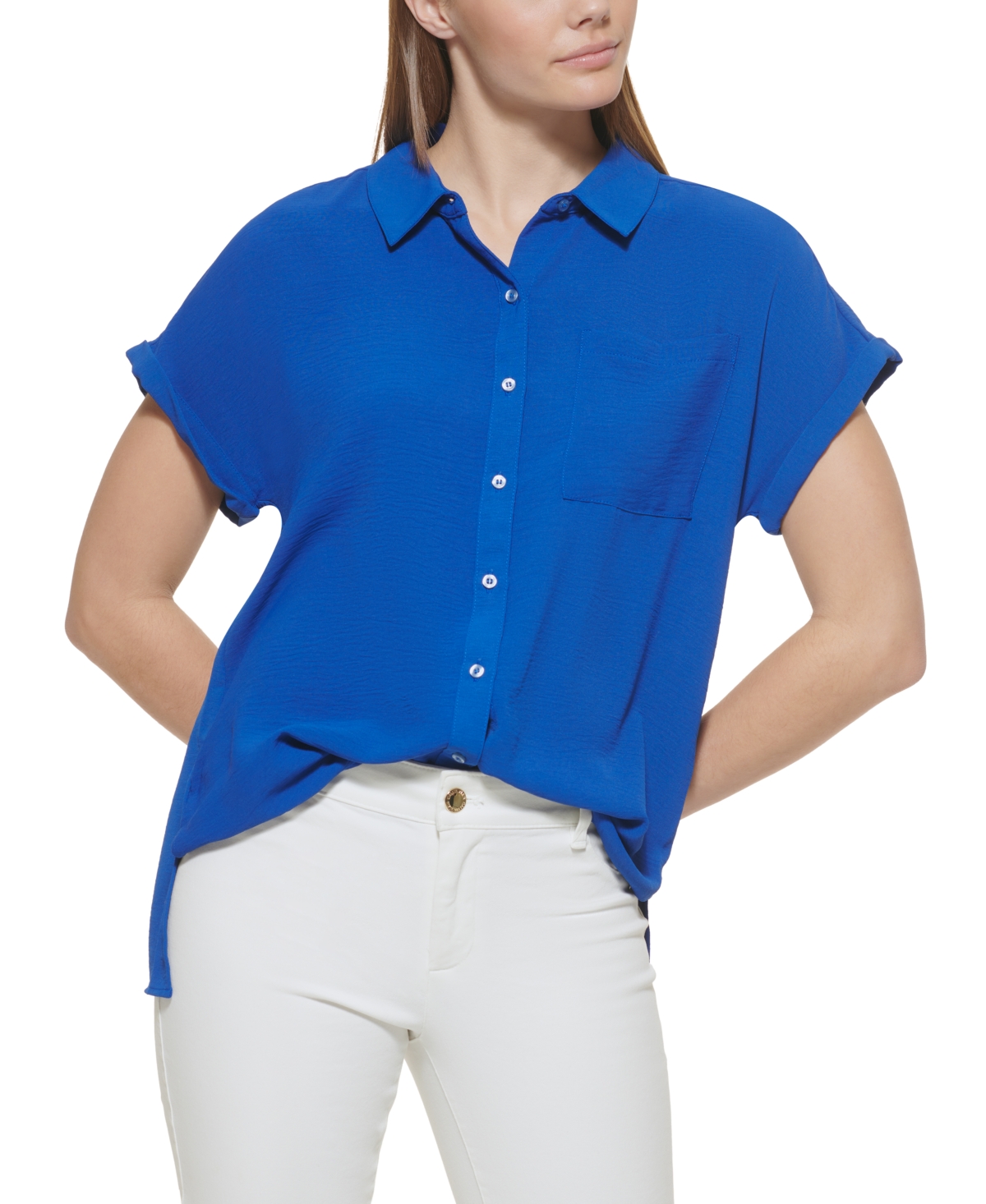 Shop Calvin Klein Short Sleeve Button Down Shirt In Klein Blue