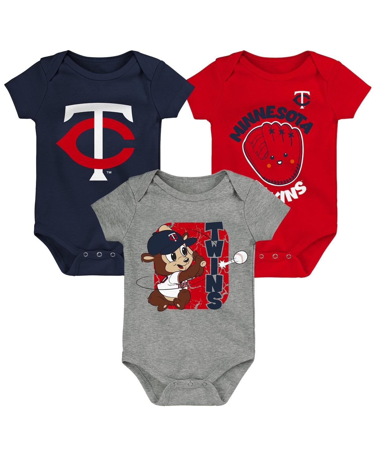 Outerstuff Babies' Unisex Newborn Infant Navy And Red And Gray Minnesota Twins Change Up 3-pack Bodysuit Set In Navy,red,gray