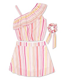 Big Girls Stripe One Shoulder Scooter Top with Skirt and Scrunchie, 3-Piece Set