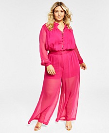 Trendy Plus Size Button-Front Jumpsuit, Created for Macy's