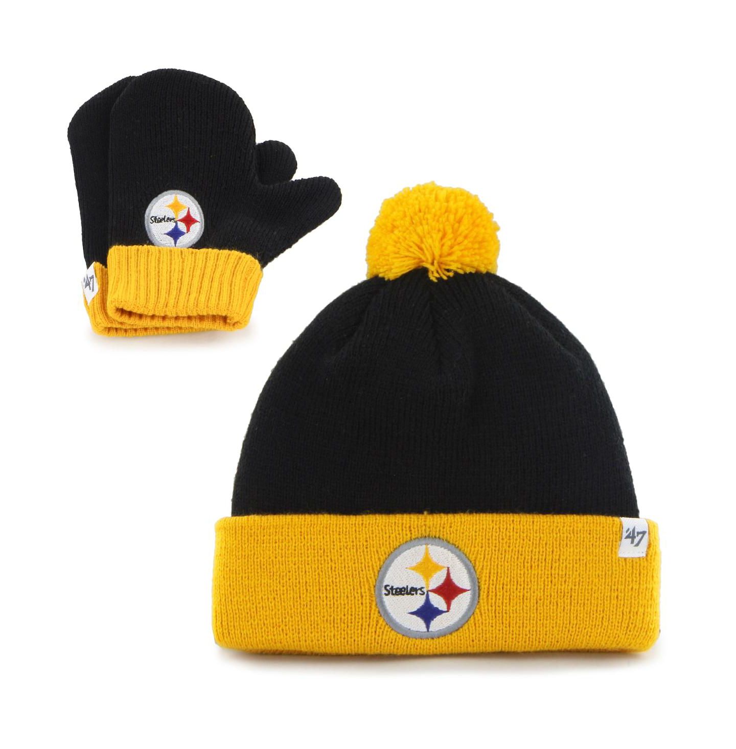 Головные уборы '47 Brand Unisex Black and Gold Pittsburgh Steelers Bam Bam Cuffed Knit Hat with Pom and Mittens Set для малышей — фото 1