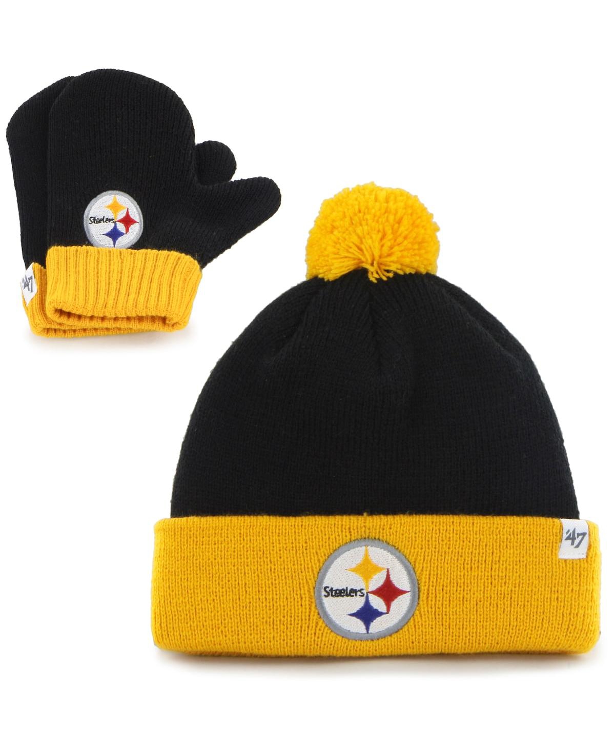 47 Brand Babies' Toddler Unisex Black And Gold Pittsburgh Steelers Bam Bam Cuffed Knit Hat With Pom And Mittens Set In Black,gold