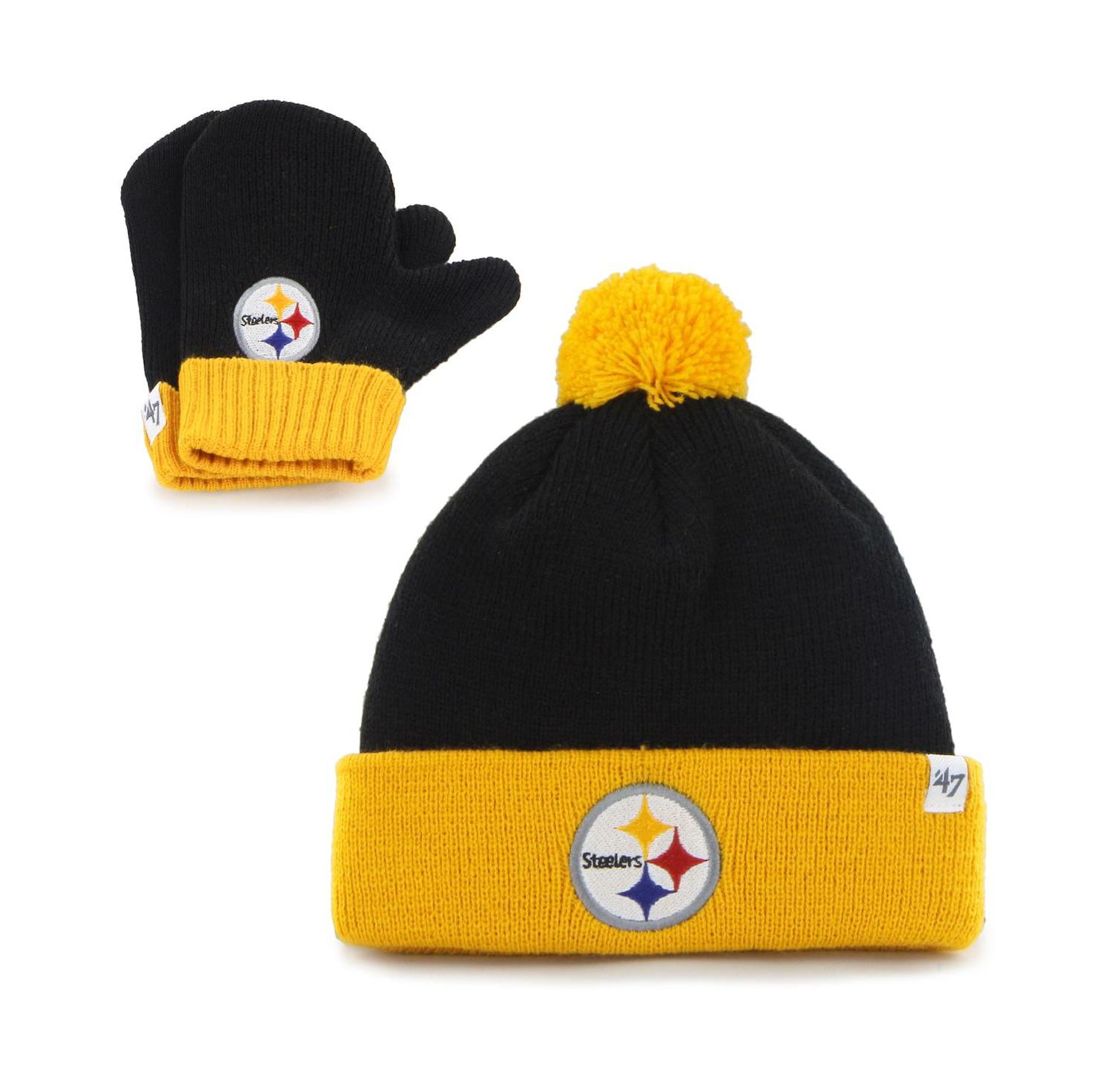 Toddler Unisex Black and Gold Pittsburgh Steelers Bam Bam Cuffed Knit Hat with Pom and Mittens Set
