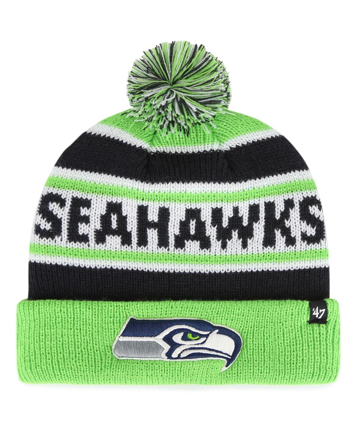 47 Brand Kids' Big Boys College Navy And Neon Green Seattle Seahawks Hangtime Cuffed Knit Hat With Pom In Navy,neon
