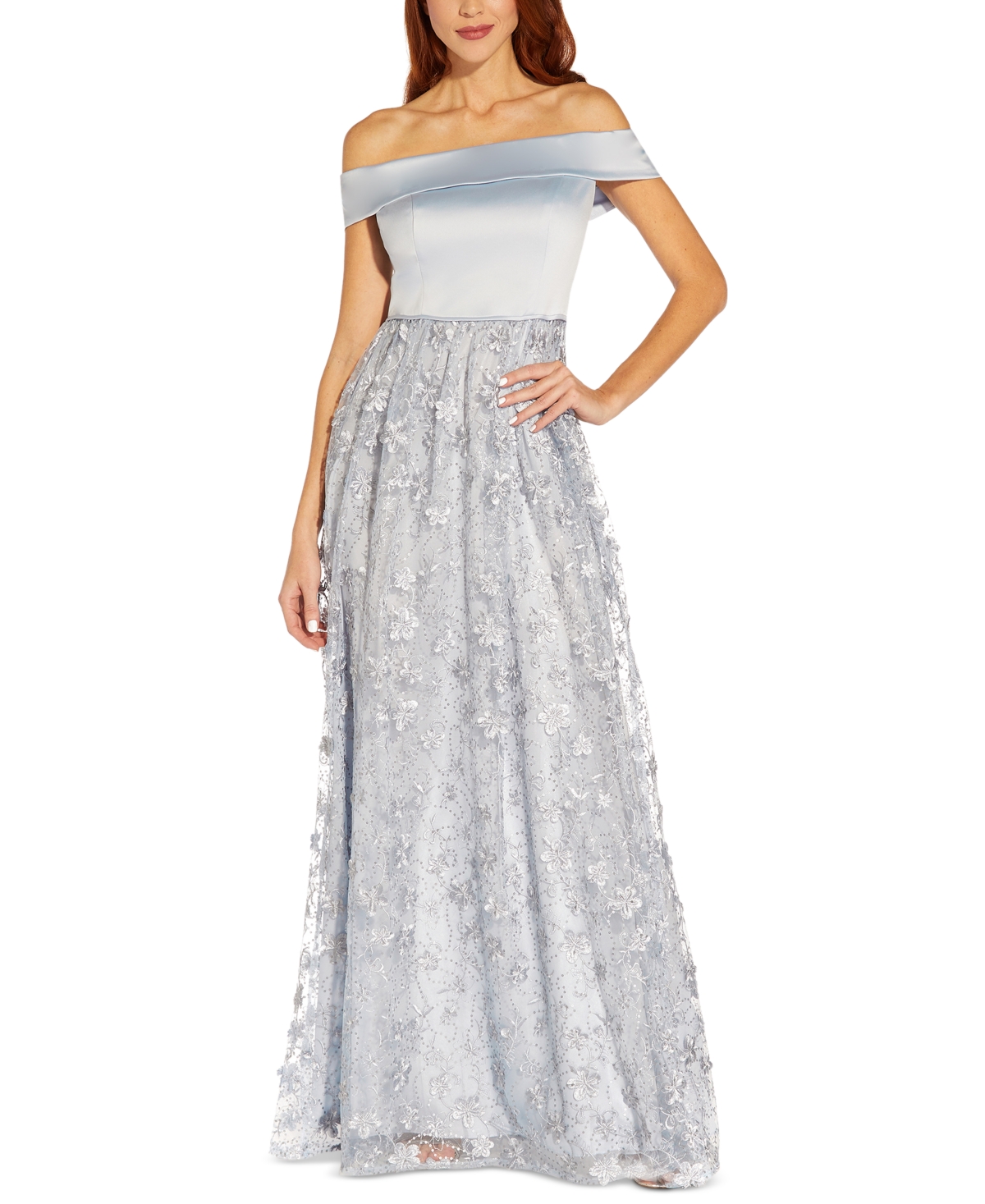 ADRIANNA PAPELL OFF-THE-SHOULDER EMBROIDERED GOWN