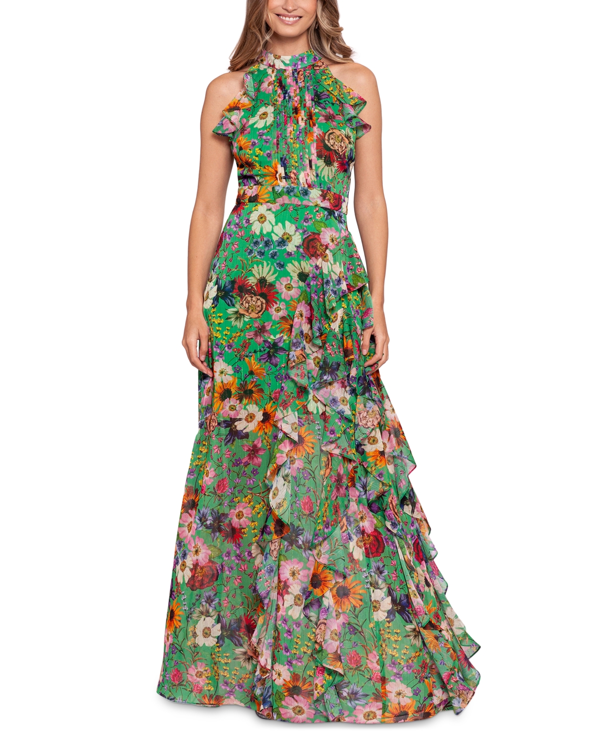 Betsy & Adam Chiffon Print Flutter Halter Dress In Multi