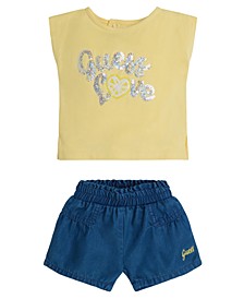Baby Girls Sequin Logo Jersey T-shirt and Tencel Denim Shorts, 2-Piece Set
