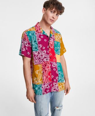 Sun + Stone - Men's Kayden Regular-Fit Bandana Patchwork-Print Camp Shirt