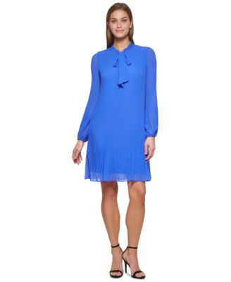 dkny long sleeve tie neck pleated shift dress