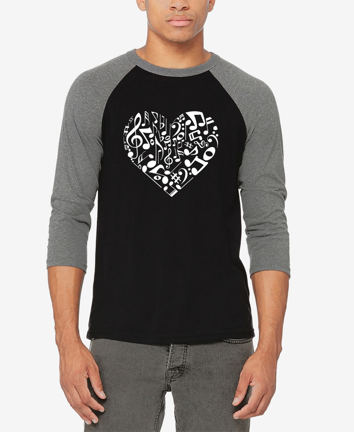 Men's Raglan Baseball Word Art Heart Notes T-shirt - Gray and Black