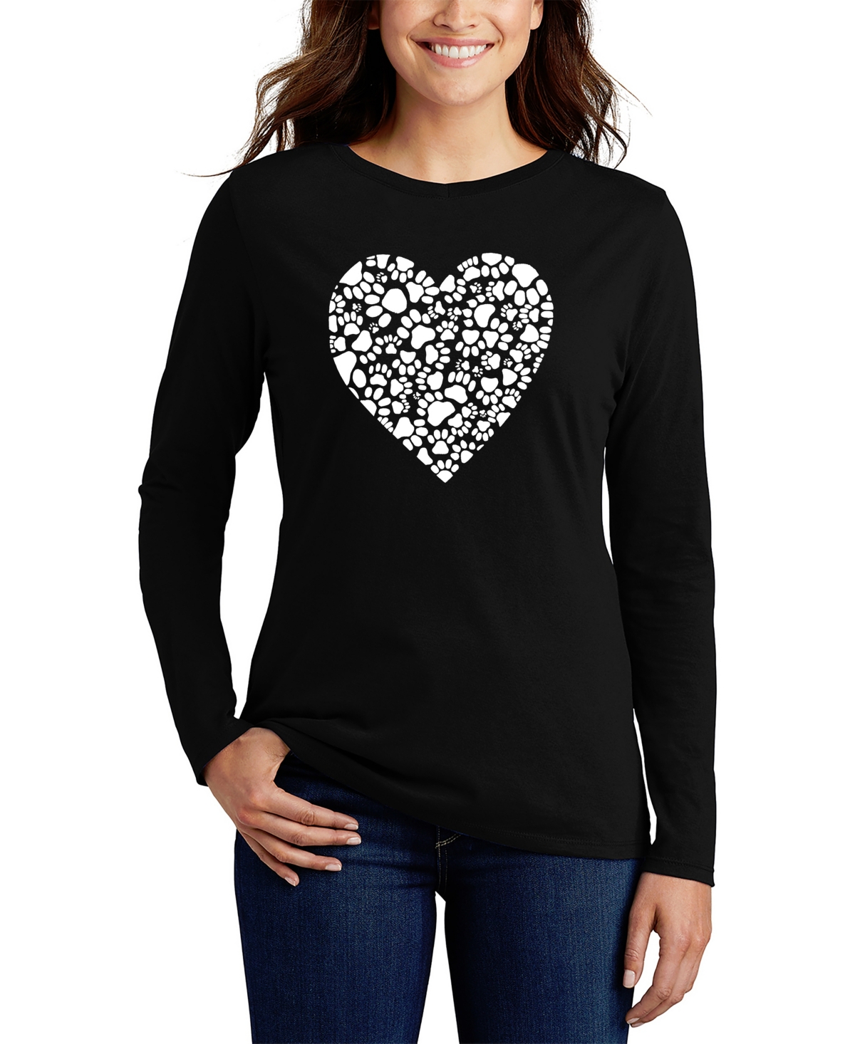 Women's Long Sleeve Word Art Paw Prints Heart T-shirt - Black