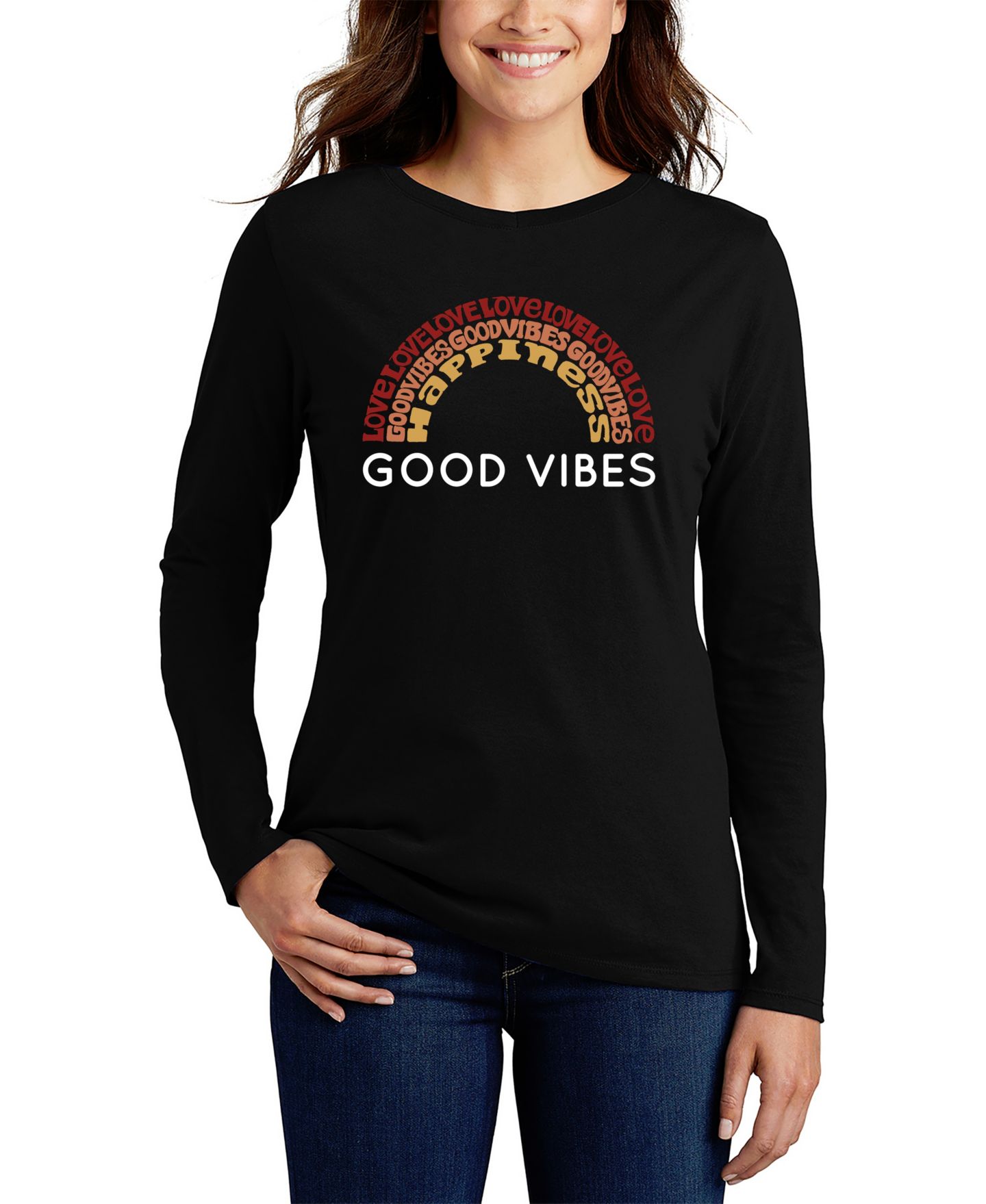 Женская футболка LA Pop Art Long Sleeve Word Art Good Vibes, цвет: Чёрный — фото 1