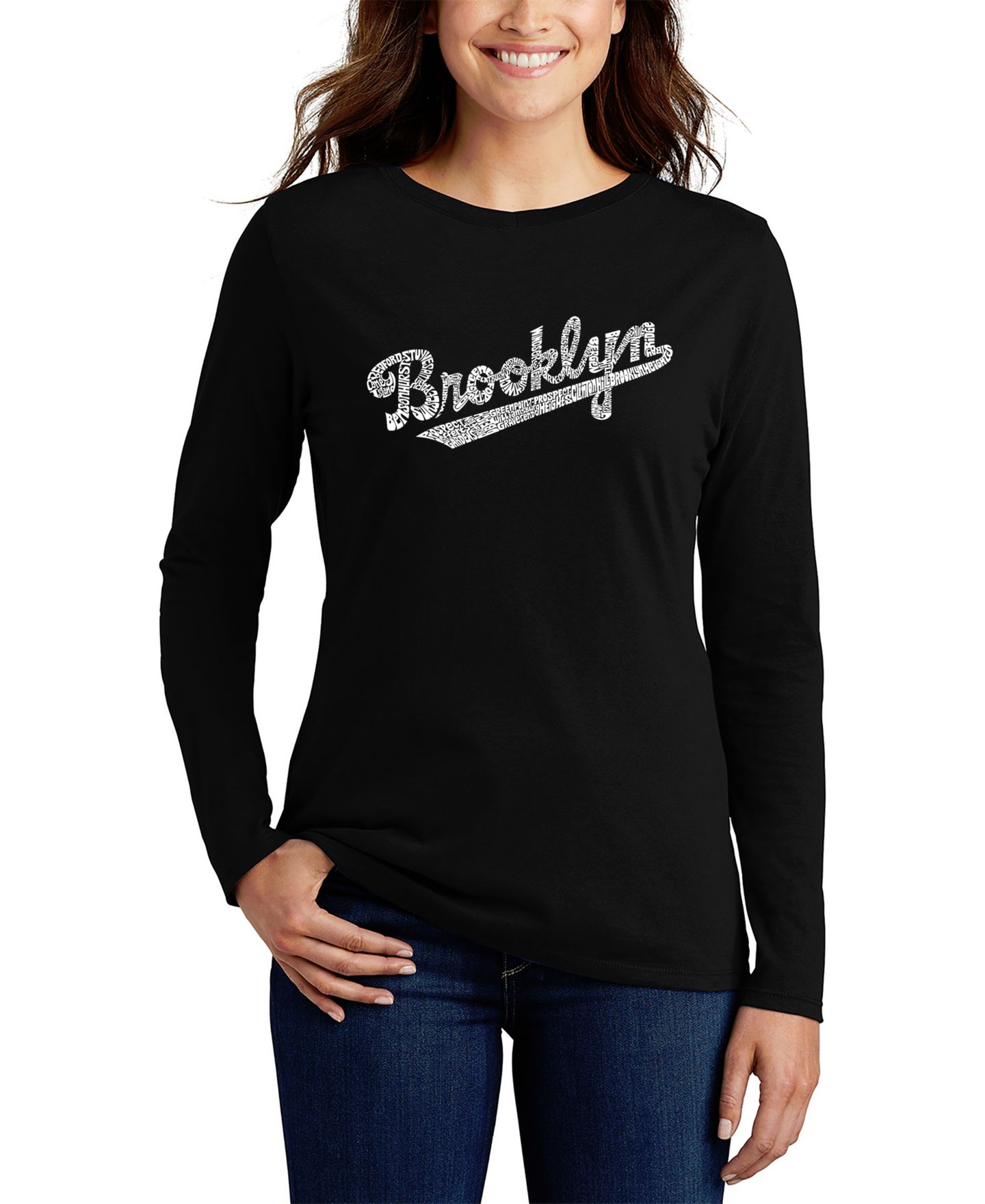 Женская футболка LA Pop Art Long Sleeve Word Art Brooklyn Neighborhoods, цвет: Чёрный — фото 1