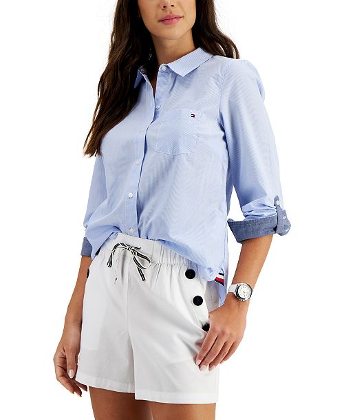 alfani Tommy Hilfiger Women's Cotton Pinstripe Button-Down Shirt Women's Fashion Shoes & Accessories