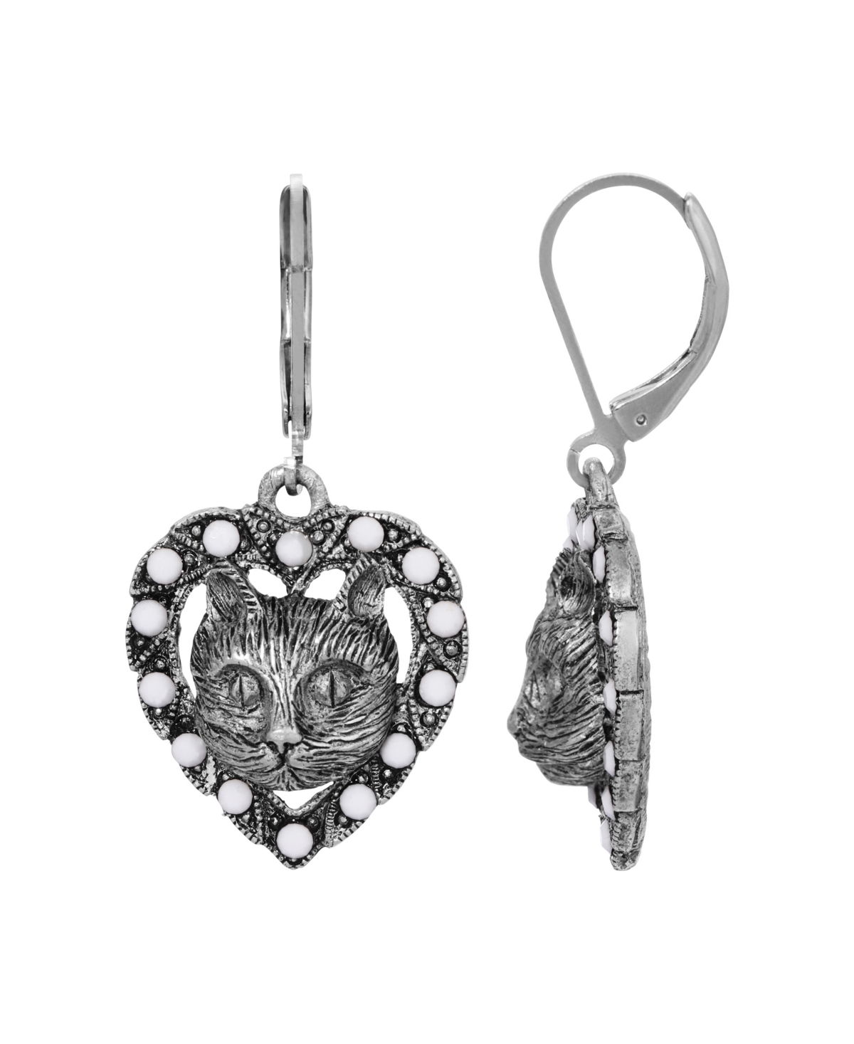 2028 Silver-tone Heart Cat Earrings In White