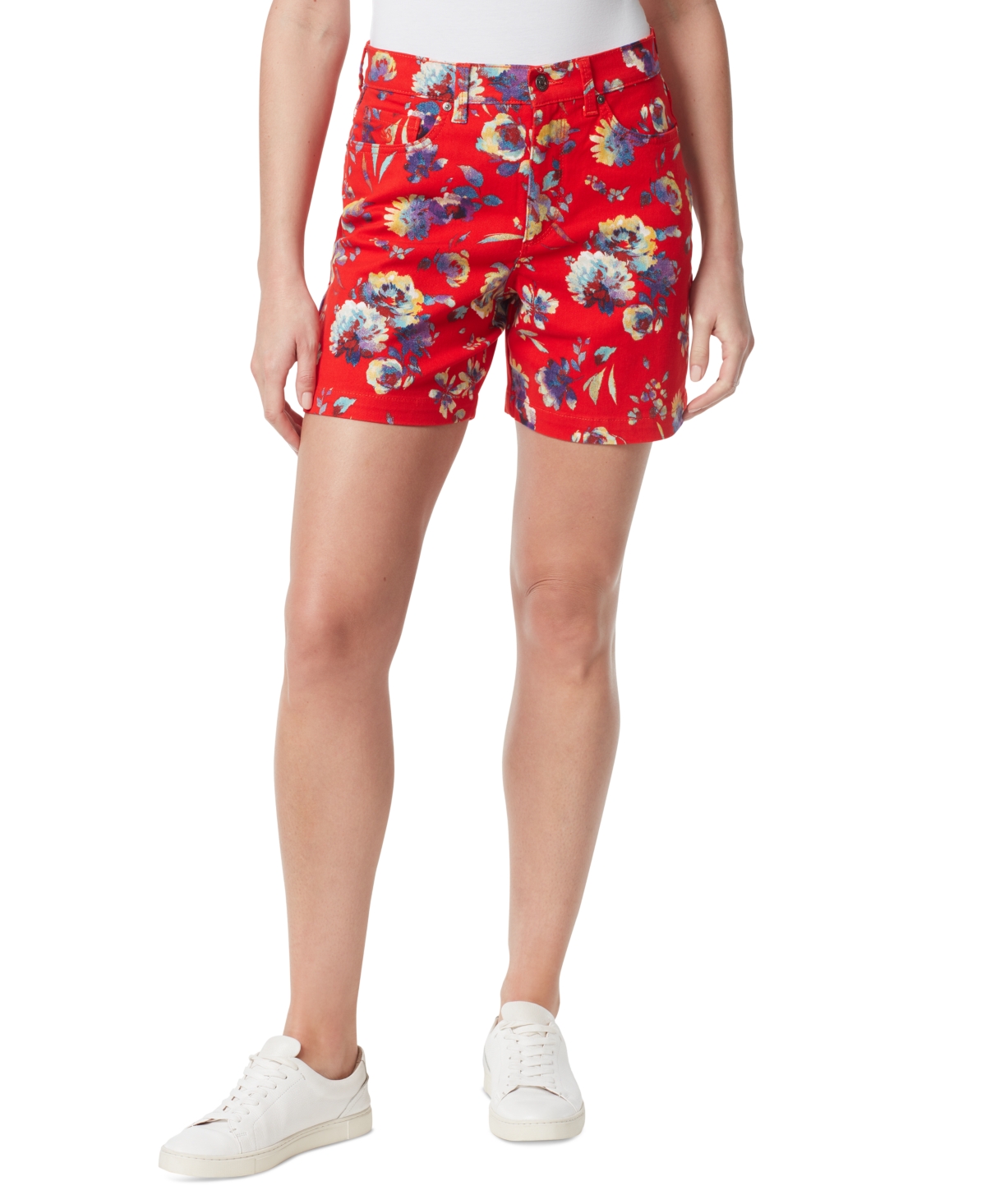 Gloria Vanderbilt Floral-print Amanda Denim Shorts In Red Spark Summer Garden