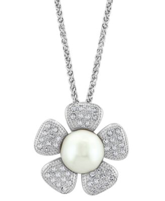 EFFY® Cultured Freshwater Pearl (10mm) & White Topaz (1/2 ct. t.w.) Flower  18 Pendant Necklace in Sterling Silver