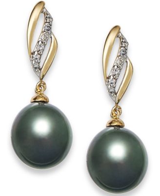 Tahitian Pearl (9 mm) with Diamond (1/10 ct. t.w.) Drop Earrings in 14k ...