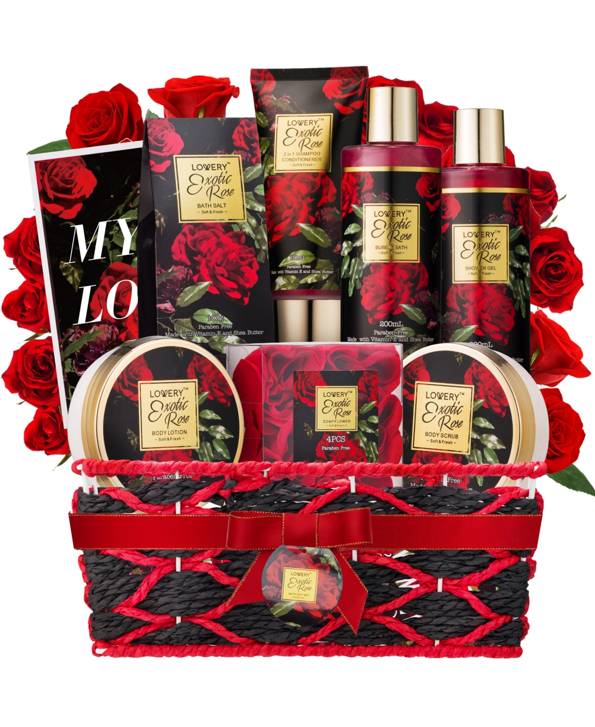 Lovery Exotic Rose Spa Gift Basket, Self Care Gift, Bath and Body Care Gift Set, Relaxing Stress Relief Gift, 13 Piece