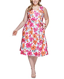 Plus Size Printed Belted A-Line Dress