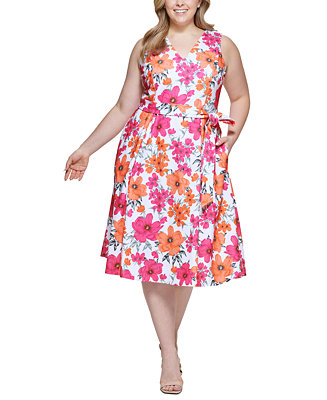 Calvin Klein Plus Size Printed Belted A-Line Dress - Macy's
