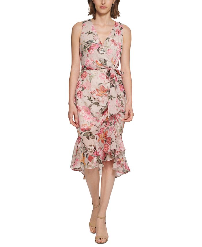 Eliza j floral ruched top chiffon faux wrap dress