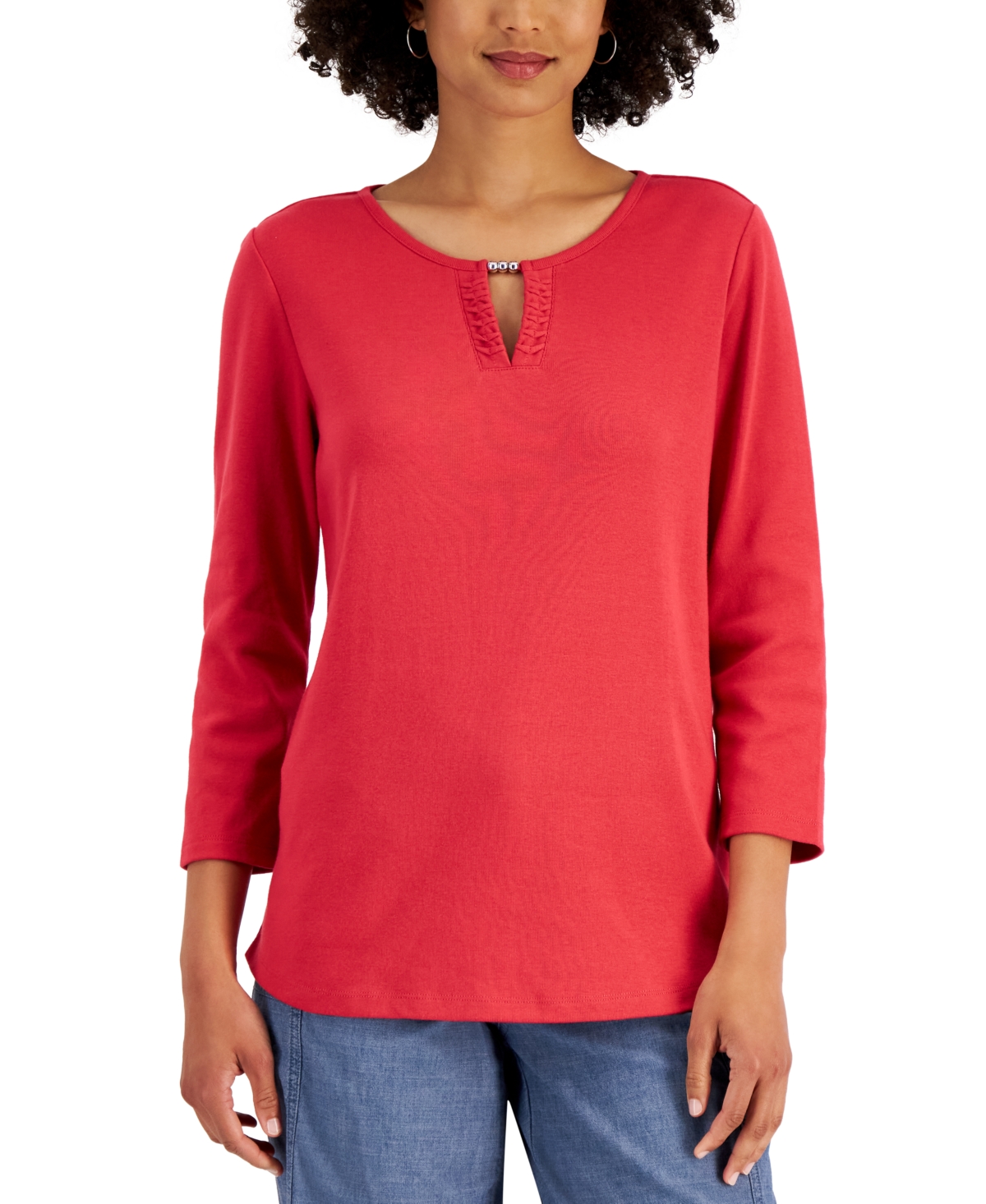 Karen Scott Women's Cotton Splitneck Hardware Top, Created For Macy's
