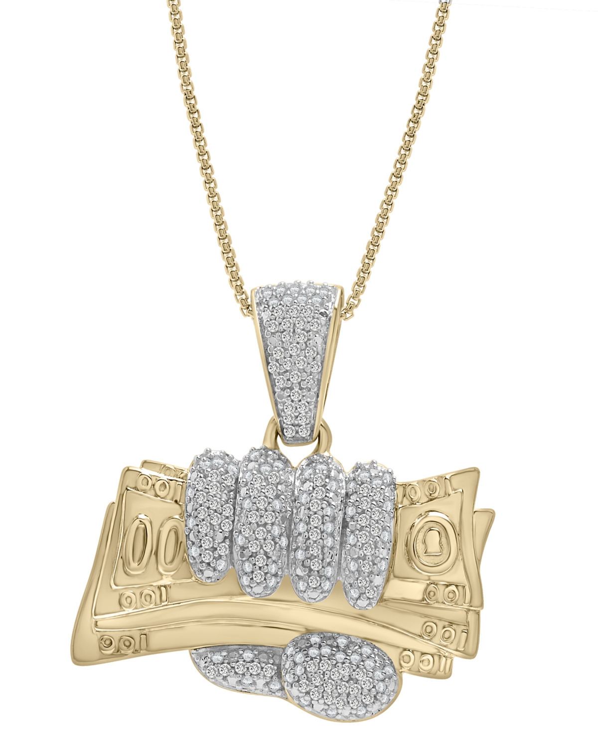 Macy's Men's Diamond Hand With Money 22" Pendant Necklace (1/2 Ct. T.w.) In 14k Gold-plated Sterling Silver In Gold Over Silver