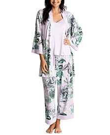 Women's Printed Robe, Cami & Cropped Pants Pajama Set