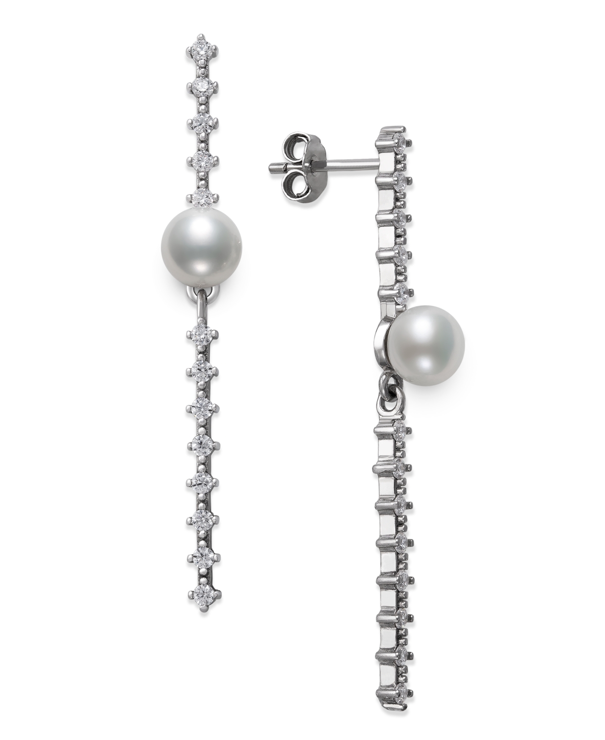 Cultured Freshwater Button Pearl (6mm) & Cubic Zirconia Linear Drop Earrings in Sterling Silver, Created for Macy's - Sterling Silver