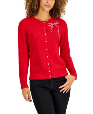 Charter Club Women's Sequin Bow Cardigan, Created for Macy's - Ravishing Red - Size M