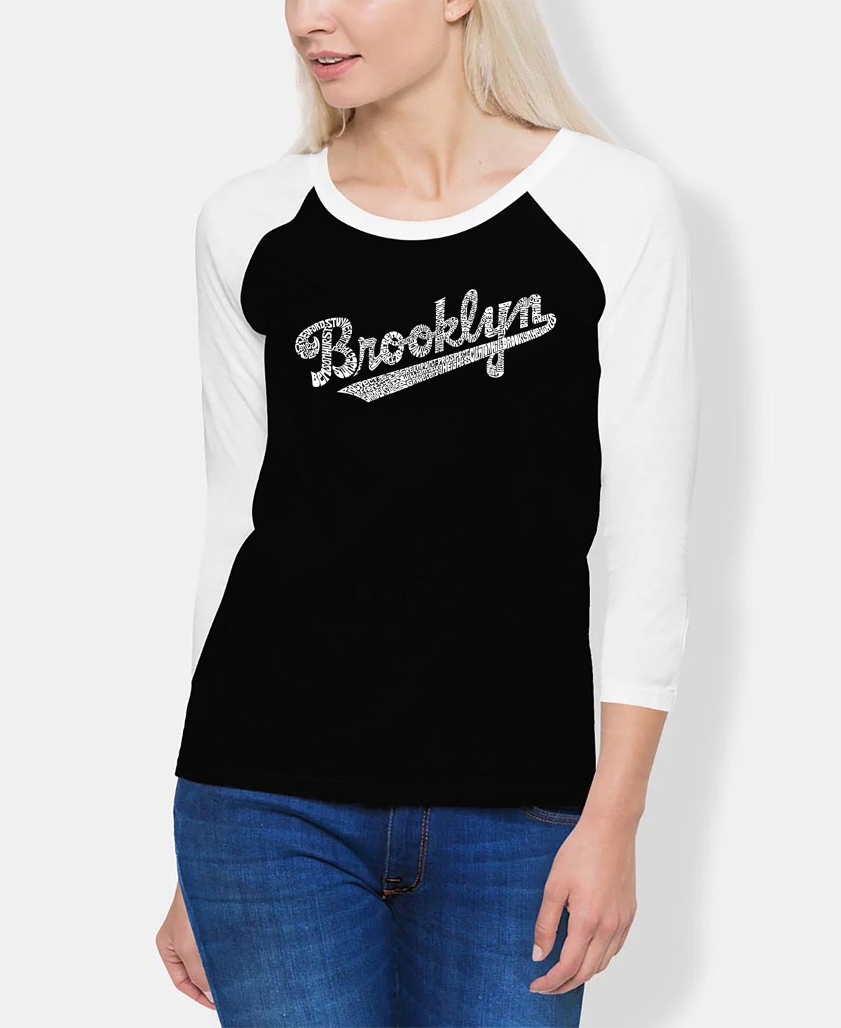 Women's Raglan Word Art Brooklyn Neighborhoods T-shirt - Black, White