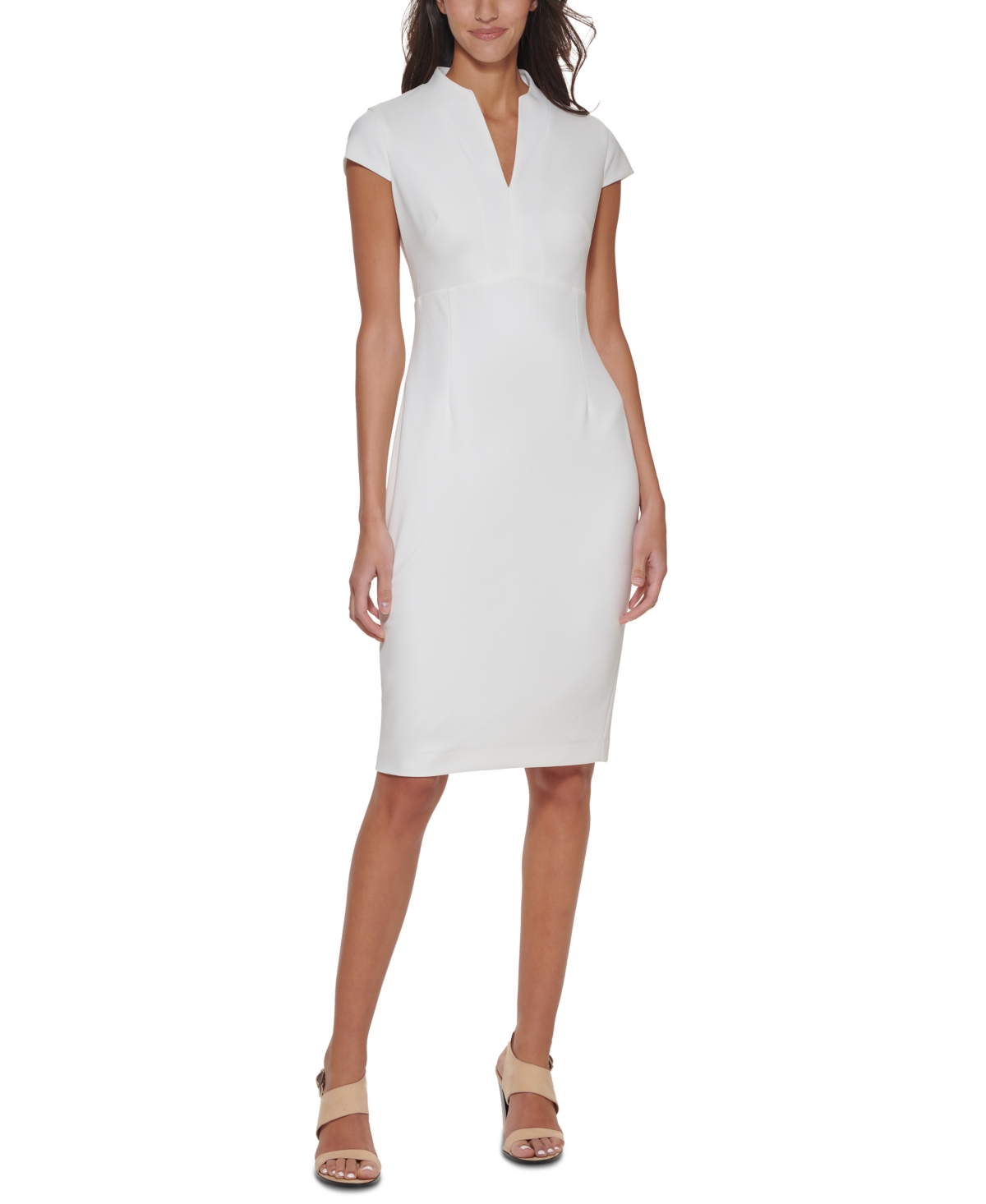 Calvin Klein Cap-sleeve Split-neck Sheath Dress In Cream | ModeSens