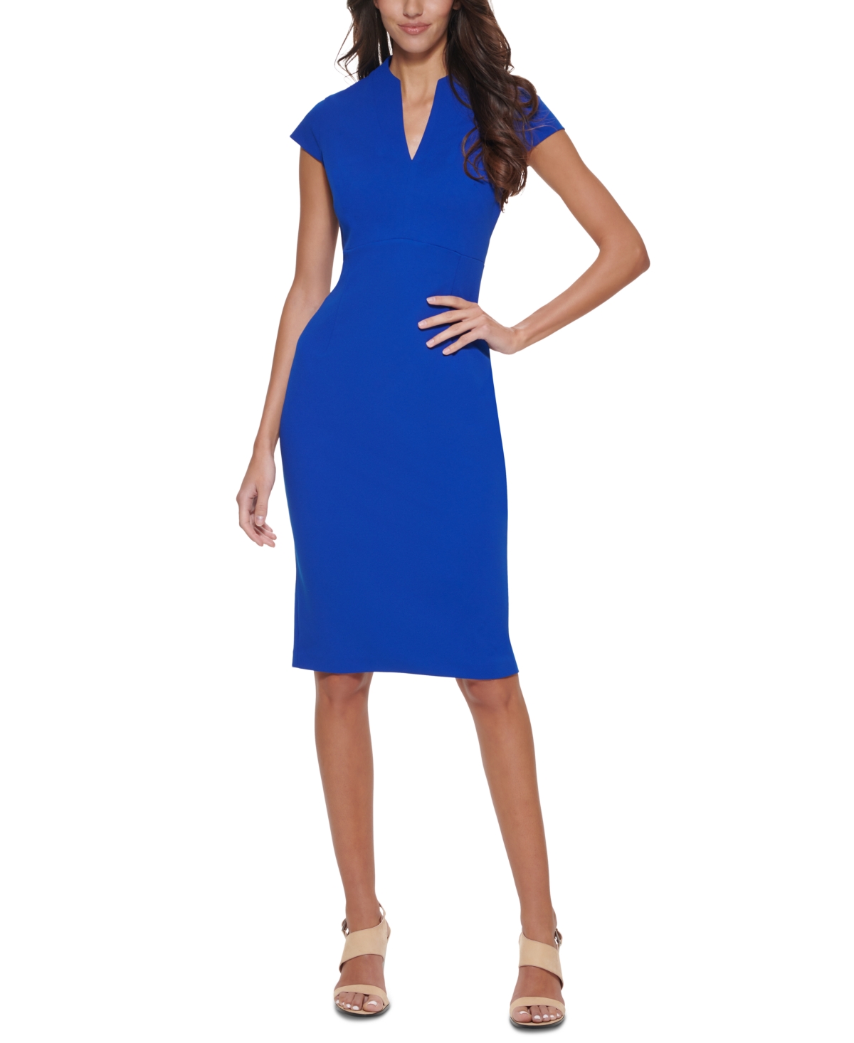 Calvin Klein Cap-sleeve Split-neck Sheath Dress In Regatta | ModeSens