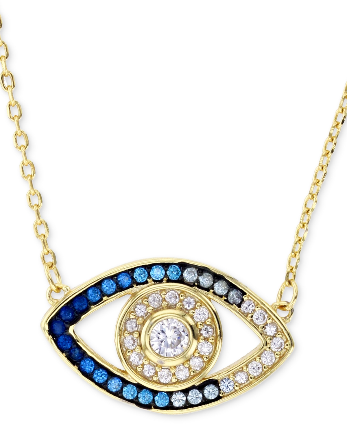 Macy's Cubic Zirconia Evil Eye Pendant Necklace In 14k Gold-plated Sterling Silver, 16" + 1" Extender In Blue