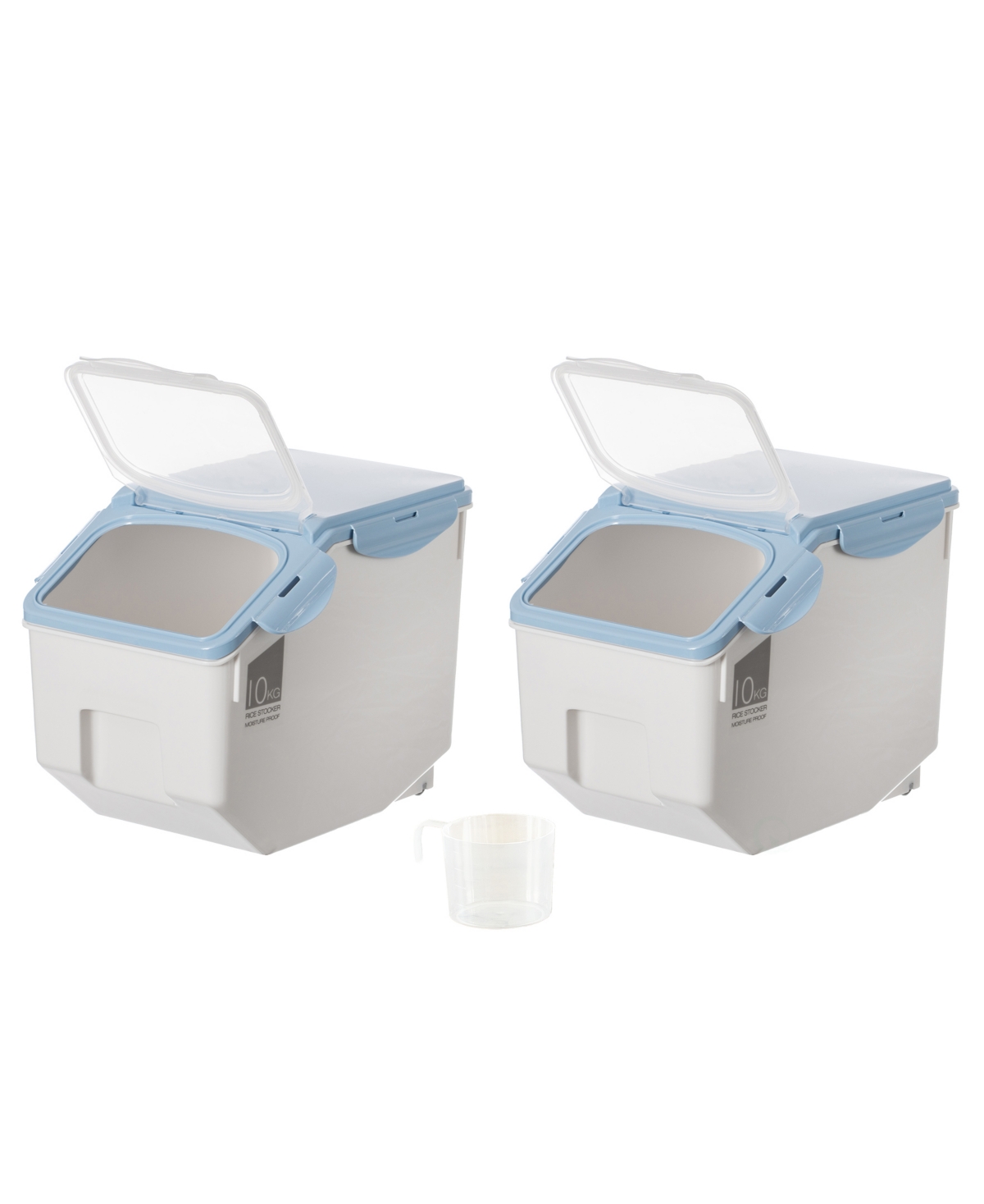 Basicwise Medium Plastic Storage Food Holder Containers With A Measuring Cup And Wheels, Set Of 3 In White