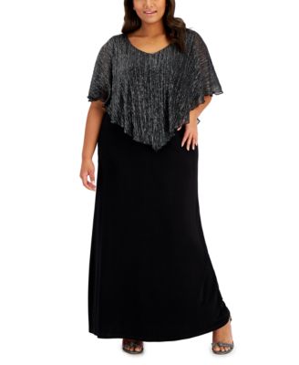 Connected - Plus Size Metallic Cape-Overlay Gown