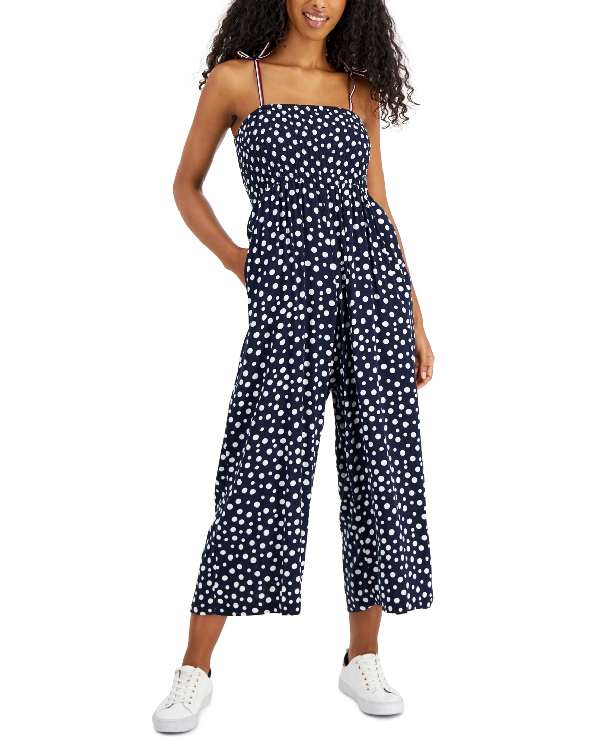 Tommy Hilfiger Women's Dot-Print Smocked Sleeveless Jumpsuit