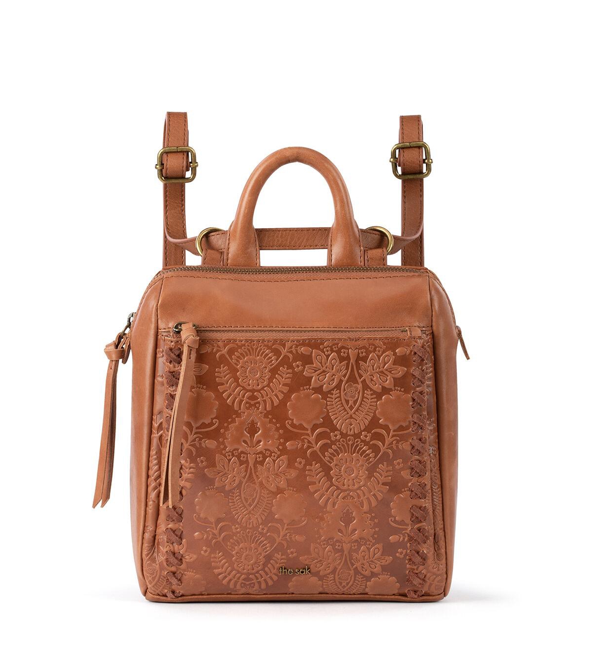 Loyola Convertible Small Leather Backpack - Tobacco Floral Embossed