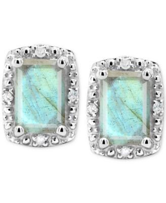 Onyx & Diamond Accent Rectangle Stud Earrings in Sterling Silver (Also in Turquoise & Labradorite)
