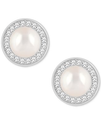 Cultured Freshwater Pearl & Diamond (1/5 ct. t.w.) Halo Stud Earrings in Sterling Silver (Also in Onyx, Turquoise, & Labradorite)