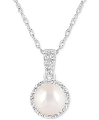 Macy's - Cultured Freshwater Pearl (7mm) & Lab-Grown White Sapphire (1/6 ct. t.w.) 18" Pendant Necklace in 10k White Gold