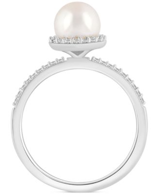 Cultured Freshwater Pearl (7mm) & Lab-Grown White Sapphire (1/5 ct. t.w.) Halo Ring in 10k White Gold